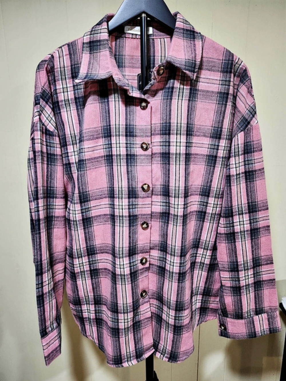 Fashion Plaid Button Down Shirt in Pink & Black NWT